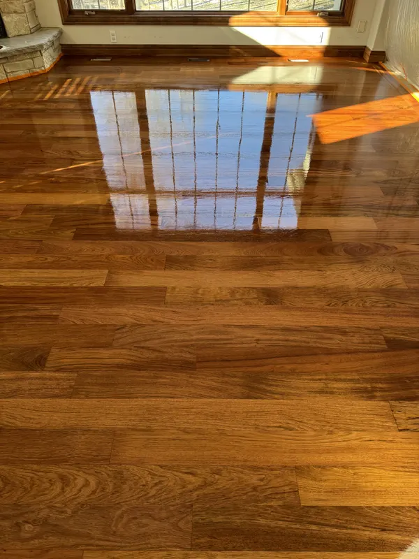Refinished Brazilian cherry floor with a glossy finish, Brookfield, WI