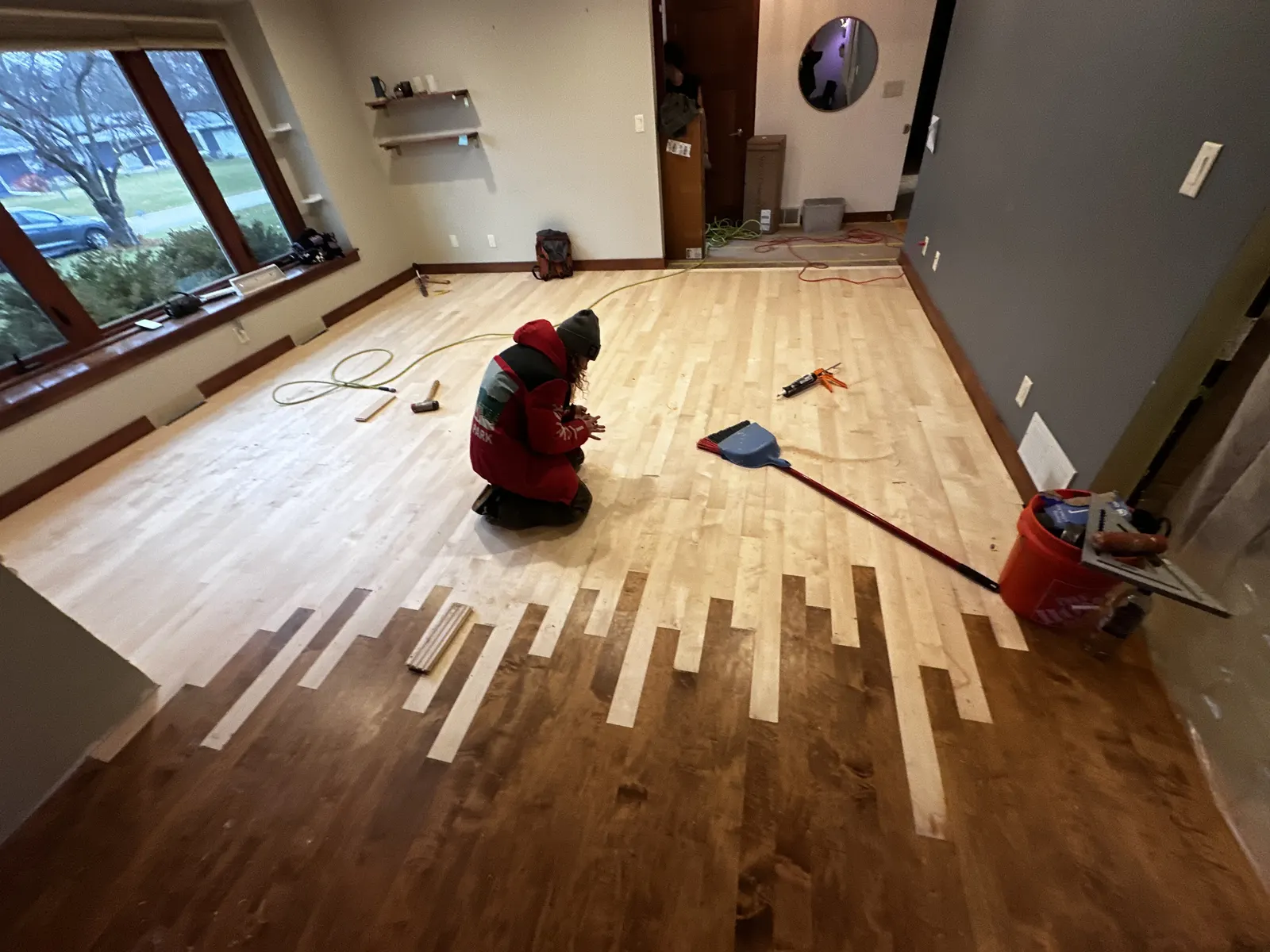 New maple boards toothed into an existing stained floor, Brookfield, WI