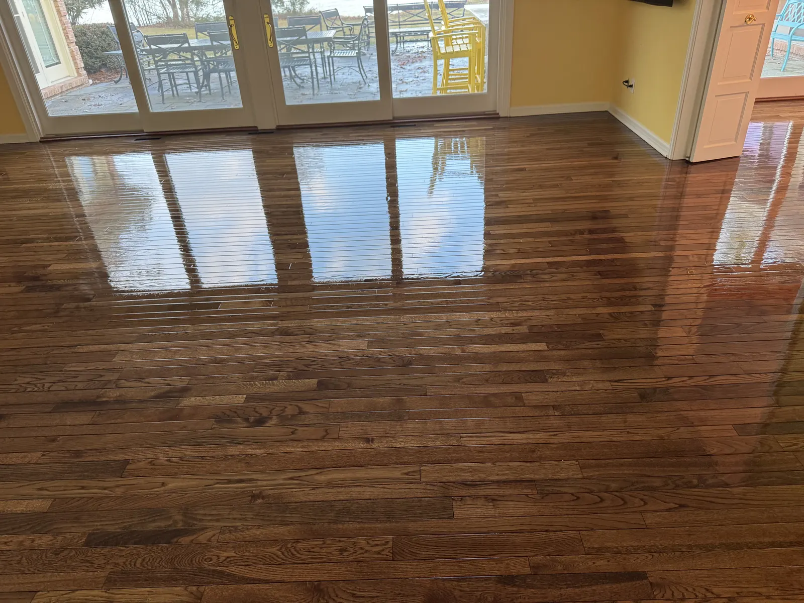 Refinished oak floor in a room with patio doors facing Lake Michigan, Fox Point, WI