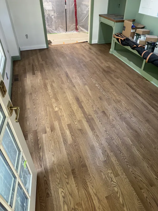 Hardwood floor refinished in a rustic beige stain, Elm Grove, WI